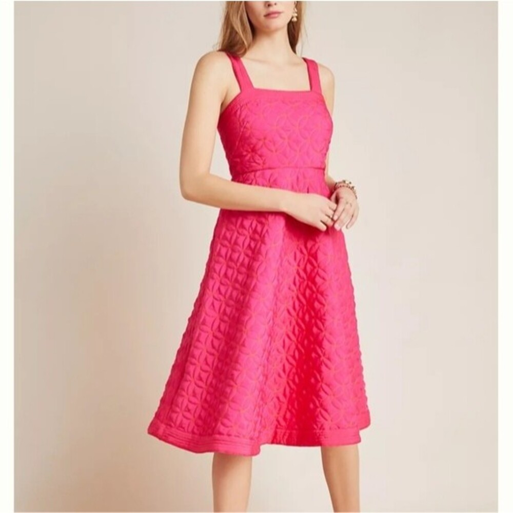 Maeve Tomasa Quilted Strappy A-Line Midi Dress Pockets Square Neck Hot Pink 8